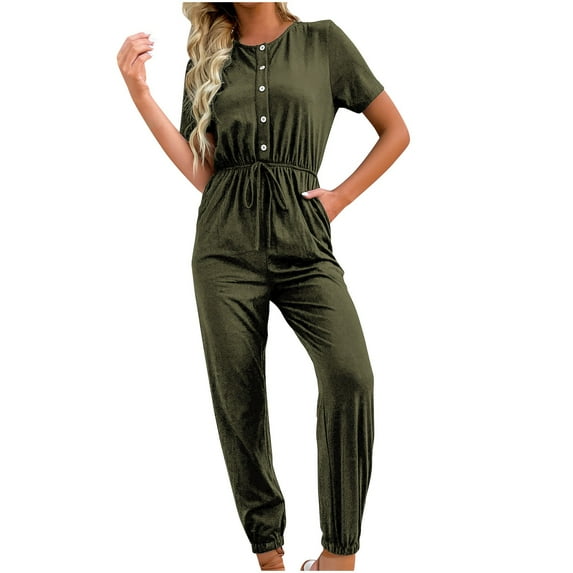 QUYUON Jogger Jumpsuits for Women Summer Button up Short Sleeve Crew Neck Jumpsuits Rompers with Pockets Tie Elastic Waist Solid Color Casual Loose Long Jumpsuits Playsuit Style J-415, Army Green S