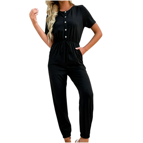QUYUON Jogger Jumpsuits for Women Summer Button up Short Sleeve Crew Neck Jumpsuits Rompers with Pockets Tie Elastic Waist Solid Color Casual Loose Long Jumpsuits Playsuit Style J-417, Black L