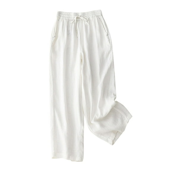 QUYUON Joggers Pants for Women Sale Spring Summer Solid Color Leisure Retro Drawstring Elastic Waist Pants Cropped Pants Wide Leg Sweatpants Women Long Pant Leg Length Casual Style P5504 White M
