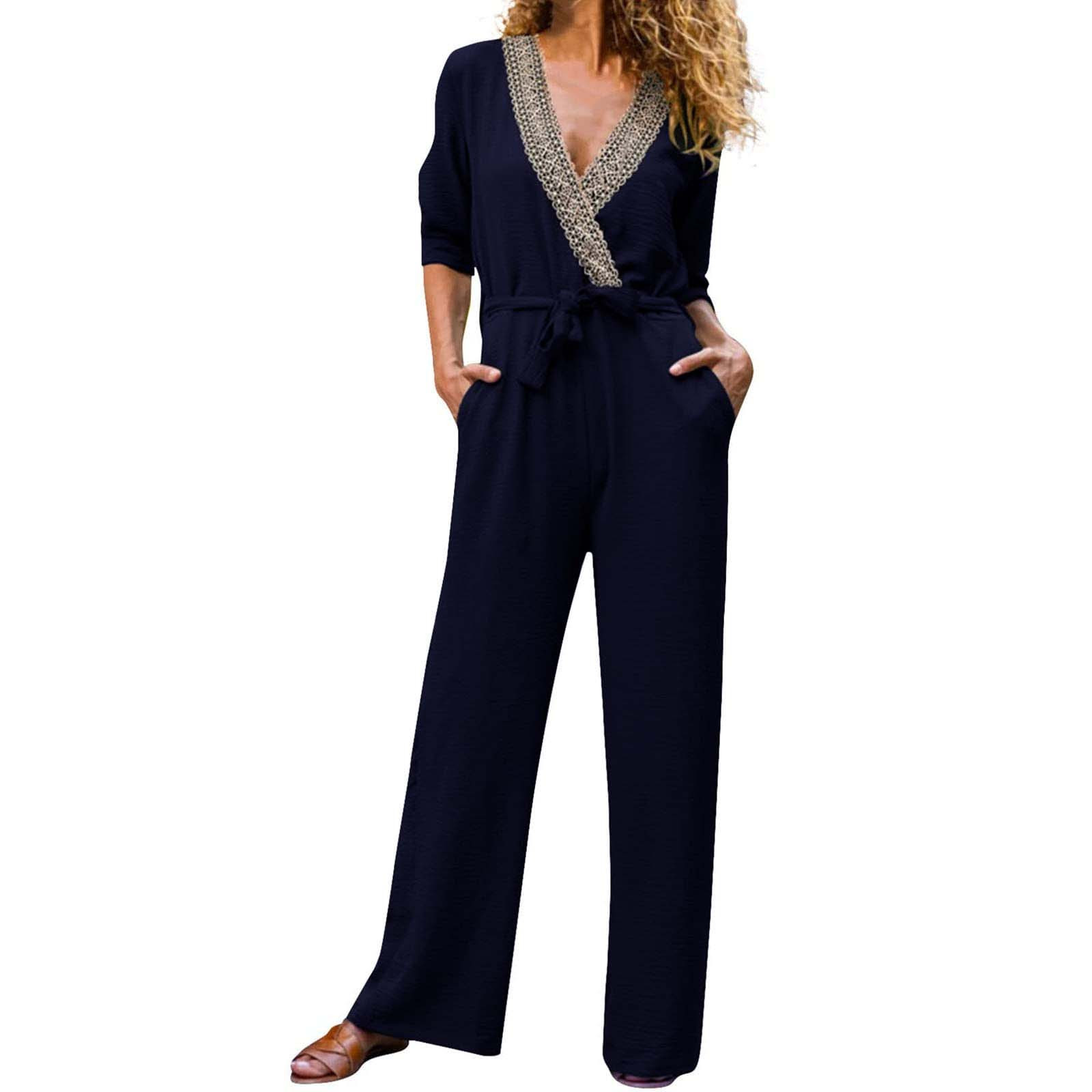 QUYUON Jumpsuits for Women Dressy Lace Trim VNeck Long Sleeve Jumpsuits Rompers with Pockets