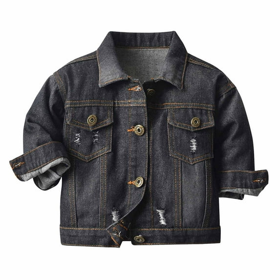 QUYUON Kids Denim Jacket, Baby Boys Girls Jeans Jacket, Toddler Lapel Long Sleeve Button-Down Denim Jackets Shirts Winter Warm Coat Outerwear Black 4T-5T