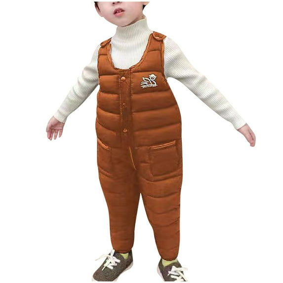 QUYUON Kids Down Jumpsuits Toddler Baby Boys Girls Round Neck Long Sleeve One-Piece Rompers with Pockets Winter Warm Puffer Coat Outerwear Coffee 1T