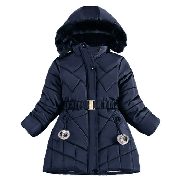 QUYUON Kids Winter Down Coat with Hood Girls' Quilted Lightweight Jackets Hooded Long Sleeve Fleece Lined Warm Puffer Jacket Padded Coats Outerwear Navy 12T