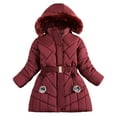 thumbnail image 1 of QUYUON Kids Winter Down Coat with Hood Girls' Quilted Lightweight Jackets Hooded Long Sleeve Fleece Lined Warm Puffer Jacket Padded Coats Outerwear Wine 10T, 1 of 7