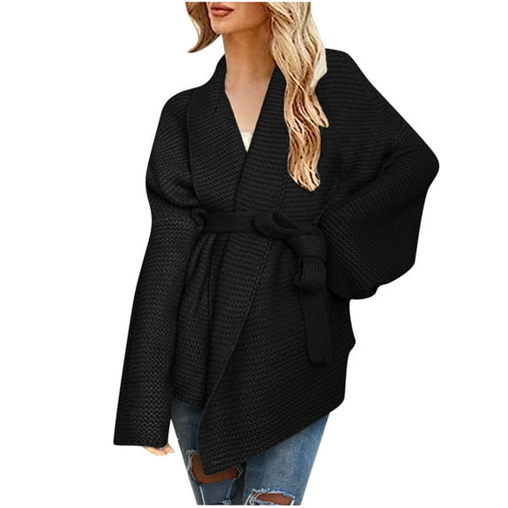 QUYUON Knit Sweaters Cardigan Sweaters Casual Winter Long Sleeve V-Neck Wrap Sweater with Belted Thick Knitted Sweater Jackets Jumper Tops Fall Sweater Outerwear Black XXL
