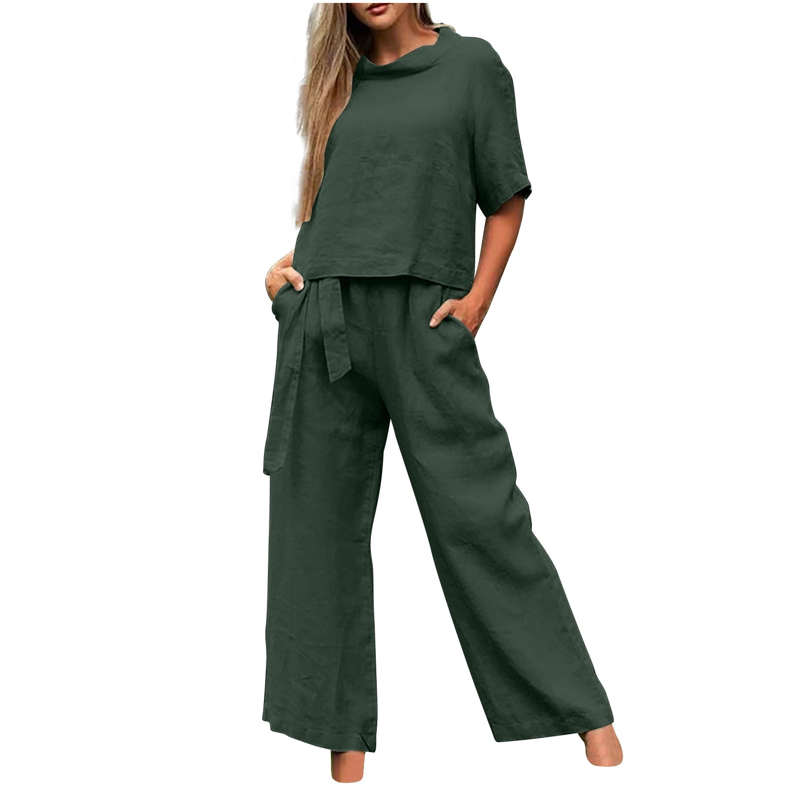 Cotton Linen Two Piece Outfits for Women Casual Elastic Waist Pockets Wide  Leg Pants Short Sleeve Button Down Shirt Sets : : Clothing, Shoes