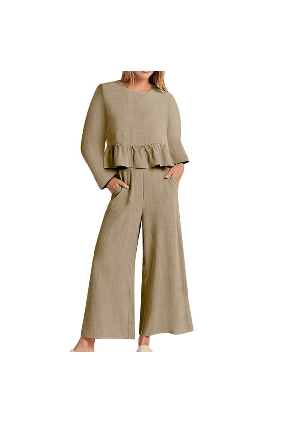 Ladies Linen Pants Sets Women 2 Piece Outfits Long Sleeve Crew Neck Ruffle Crop Tops Lounge Matching Sets Casual Loose Wide Leg Long Pants Tracksuits with Pockets Khaki XXL