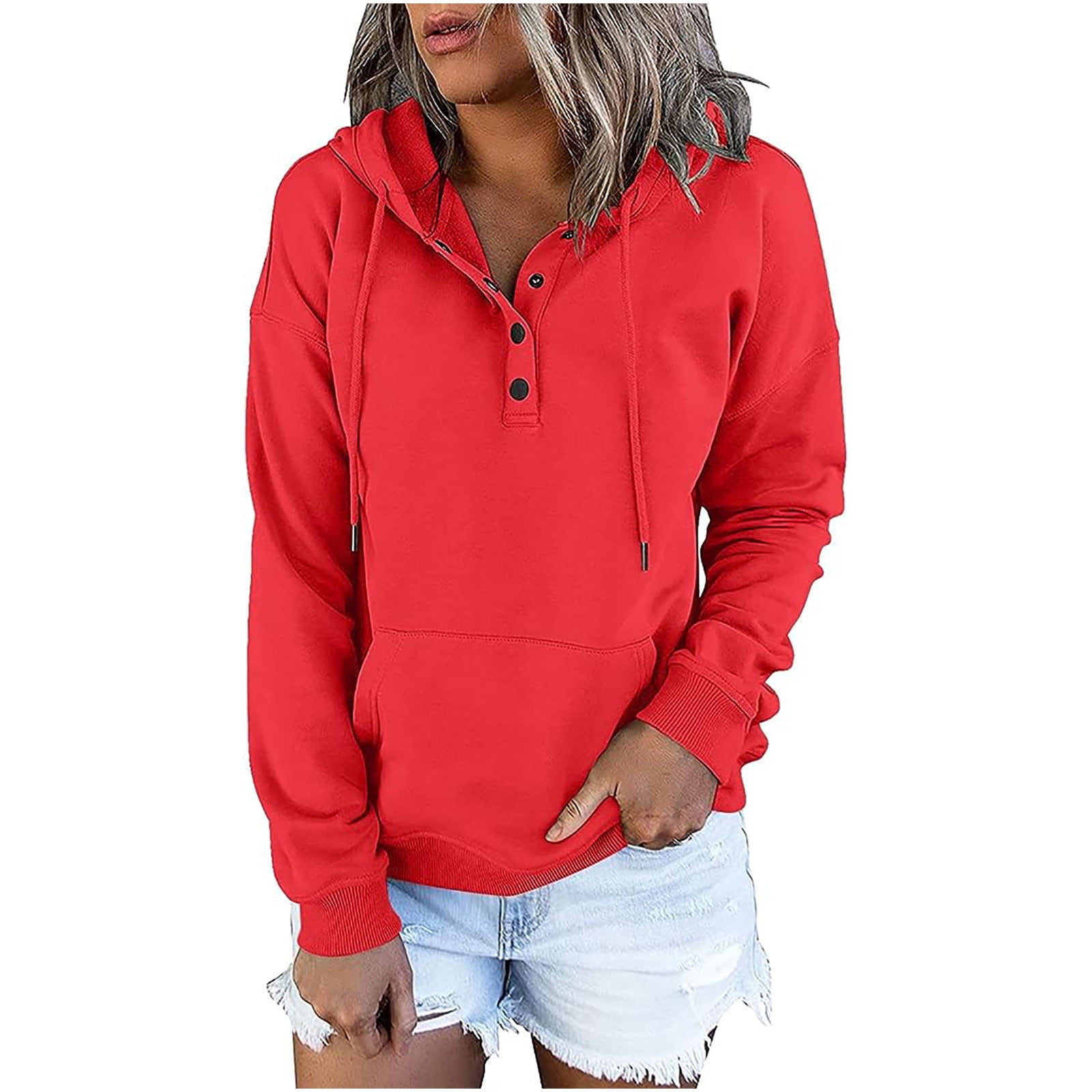 QUYUON Ladies Sweatshirts Women Casual Button Long Sleeve Hoodies Pullover  Sweatshirt Hooded Tops with Pockets Drawstring Soft Lightweight Fall  Sweatshirts Winter Shirts Red S - Walmart.com