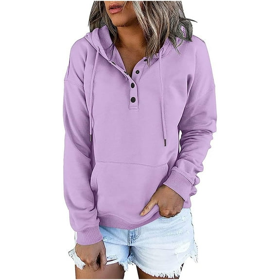 QUYUON Ladies Sweatshirts Women Casual Button Long Sleeve Hoodies Pullover Sweatshirt Hooded Tops with Pockets Drawstring Soft Lightweight Fall Sweatshirts Winter Shirts Purple XXL