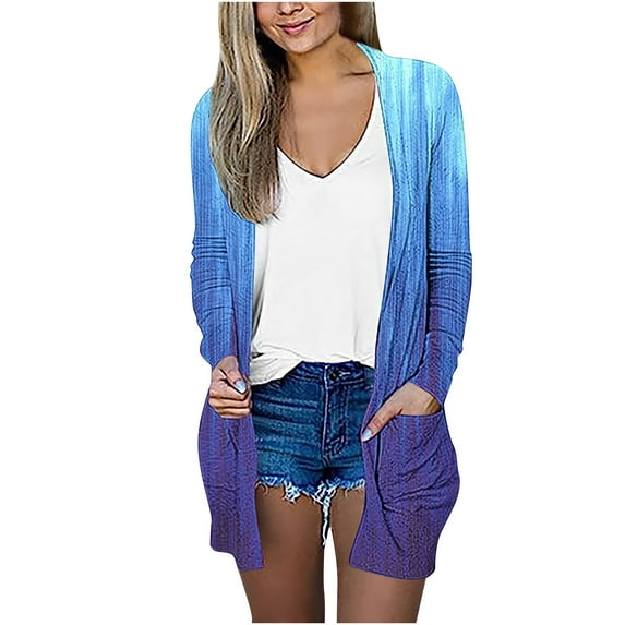 QUYUON Light Cardigan Discount Long Sleeve Womens Lightweight Cardigan Polyester Crochet Cardigans Women Pockets Cardigan Jacket Style Q-3120 Winter Knit Sweater Outerwear Coat Blue XL