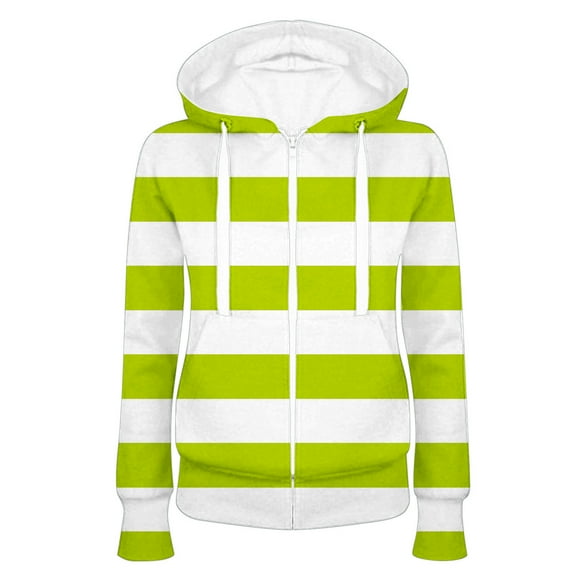 QUYUON Lightweight Full Zip Hoodie Women Striped Print Zip up Hooded Sweatshirts Drawstring Pockets Casual Winter Long Sleeve Shirts Hoodies Pullover Tops Fall Sweatshirts Sweater Coat Green XL
