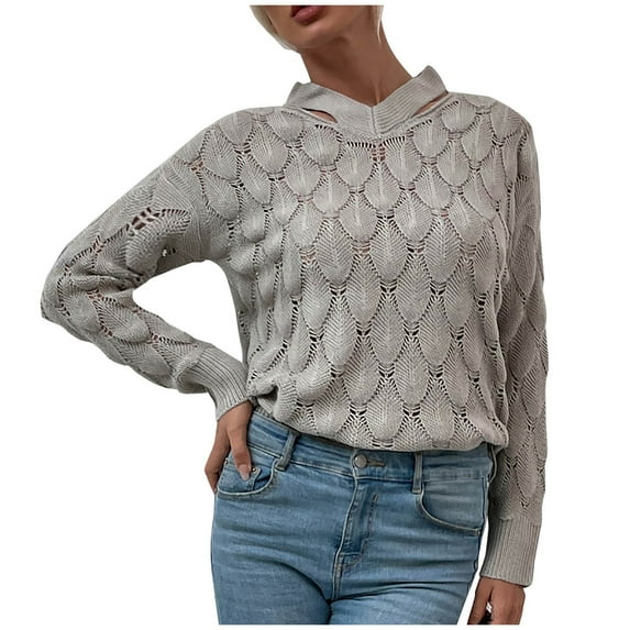 QUYUON Lightweight Sweaters for Women Elegant Sweaters Womens Lace Hollow Out Long Sleeve Crew Neck Pullover Sweaters Cut Out Knit Jumper Tops Winter Warm Sweaters Shirts Gray L