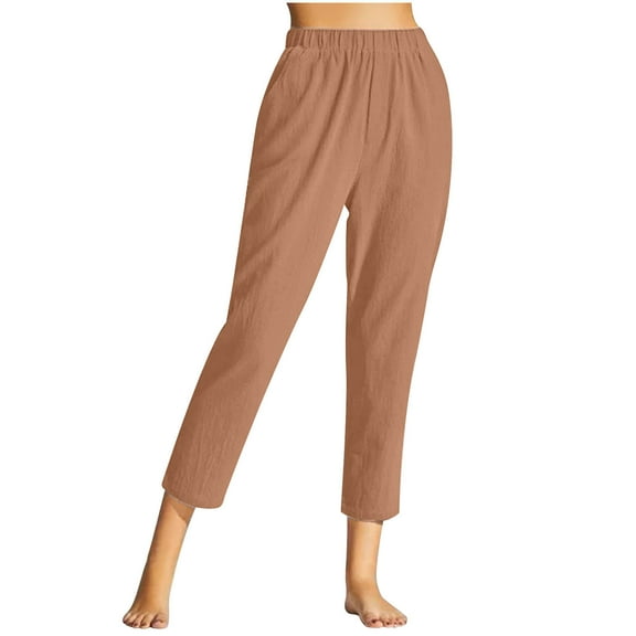 QUYUON Linen Capris Pants for Women Elastic Waist Pull on Capris with Pockets Straight Leg Cropped Pants Casual Loose Linen Capris Comfy Lounge Wear High Waisted Capris Pants