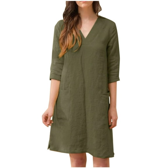 QUYUON Linen Dress Women Summer V-Neck 3/4 Sleeve Pockets Dress Solid Color Casual Loose Fit Ankle Length Dress Beach Sundress Tunic A-Line Swing Dress Style D-7876 Army Green XL