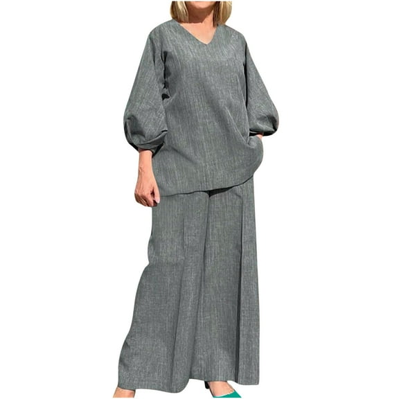 QUYUON Linen Outfits for Women 2 Piece Set, Women’s Plus Size V-Neck 3/4 Sleeve Tops and Wide Leg Long Pants Sets Casual Loose Lounge Sets Two Piece Summer Outfits Loungewear Gray L