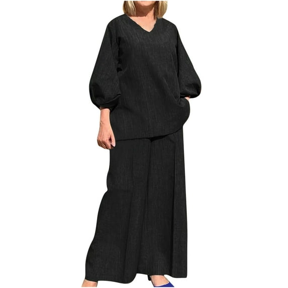 QUYUON Linen Outfits for Women 2 Piece Set, Women’s Plus Size V-Neck 3/4 Sleeve Tops and Wide Leg Long Pants Sets Casual Loose Lounge Sets Two Piece Summer Outfits Loungewear Black S