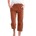 thumbnail image 1 of QUYUON Linen Pants for Women Buttons Capris Pants for Women Drawstring Elastic High Waist Linen Pant Solid Color Yoga Capris Crop Pants with Pockets Straight Wide Leg Cropped Trouser P-388 Coffee 5XL, 1 of 5