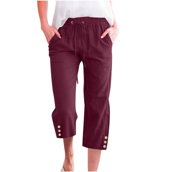 QUYUON Linen Pants for Women Buttons Capris Pants for Women Drawstring Elastic High Waist Linen Pant Solid Color Yoga Capris Crop Pants with Pockets Straight Wide Leg Cropped Trouser P-410 Wine 3XL
