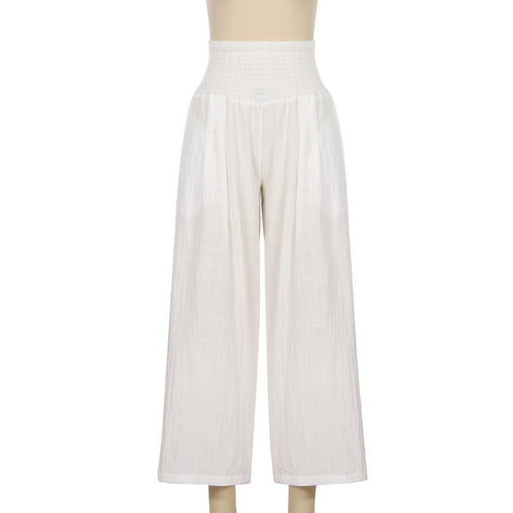 QUYUON Linen Pants Women Elastic Waist Straight Leg Pants with Pockets High Waisted Wide Leg Pants Loose Fitted Casual Trousers Full Length Pants Beach Long Pants Travel Hiking Pants White-C S