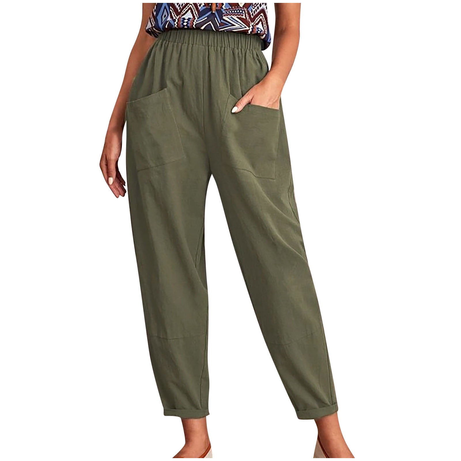 QUYUON Cropped Jogger Pants Women Plus Size Capris Elastic High Waist Pull  on Pants with Pockets Casual Loose Fit Drawstring Linen Pant Solid Color  Straight Leg Pants Trousers Yoga Leggings Army Green 