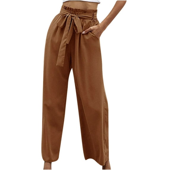 QUYUON Linen Pants Women Summer Discount Solid Color High-Waist Loose Wide Leg Pants Cargo Pants Women Long Pant Leg Length Casual Style P1194 Orange S