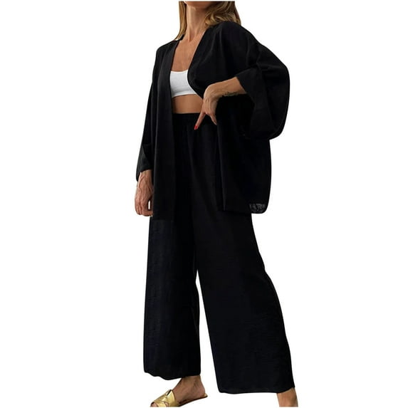 QUYUON Linen Sets Women 2 Piece Outfits Casual Long Sleeve Open Front Cardigan Wide Leg Pants Sets Solid Color Blouse Shirt and Long Pants Lounge Sets Matching Clothing Black XXL