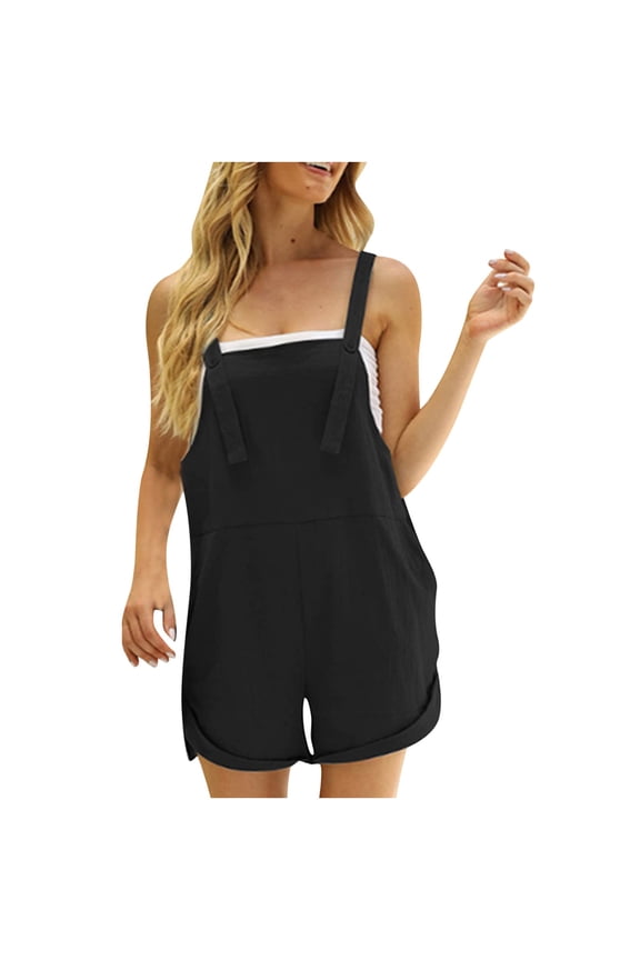 Linen Shorts Overalls for Women Casual Summer Bib Overalls Jumpsuits with Pockets Cotton Linen Rompers Overalls Jumpsuit Shorts Sleeveless Square Neck Fashion Overalls Style J-454, Black M