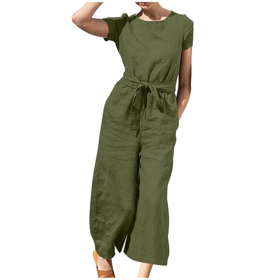 QUYUON Long Jumpsuit for Women Casual Summer Crew Neck Short Sleeve Wide Leg Jumpsuits and Rompers One Piece Lounge Pants Romper with Pockets Plus Size Jumpsuit Style J-75, Green M