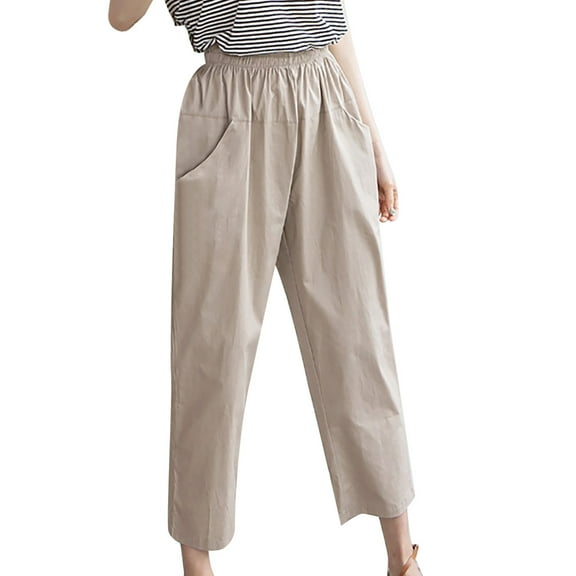QUYUON Long Pants Women Solid Color Pants Loose Casual Double Pocket Capris Women Sweatpants Full Pant Leg Length Skinny Pant Style N-5061 Beige 3XL