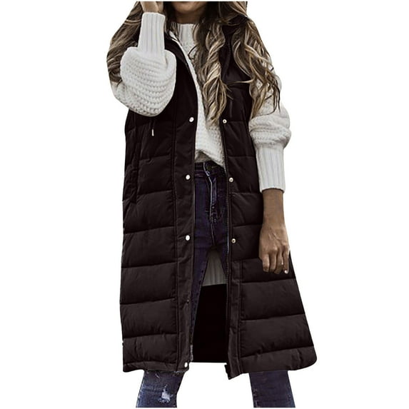 QUYUON Long Puffer Vest Women with Hood Winter Thicken Drawstring Sleeveless Hooded Outerwear Down Vests Full Zip up Hoodies Jackets Vest Warm Padded Coat Style C-27 Black S