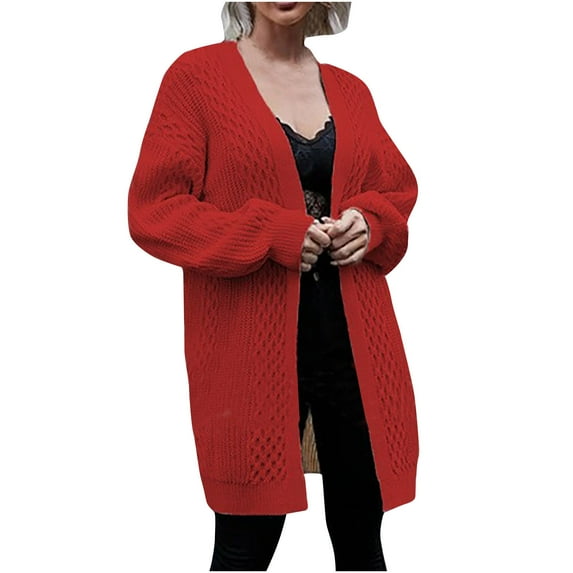 QUYUON Long Sleeve Cardigan for Women Discount Long Sleeve 3/4 Sleeve Cardigan for Women Polyester Womens Cardigan Cardigan Jacket Style Q-5596 Winter Knit Sweater Outerwear Coat Red L
