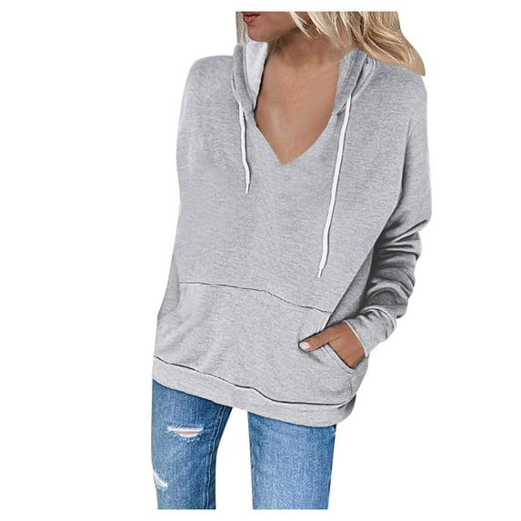 QUYUON Long Sleeve Hoodie Shirts for Women Casual Long Sleeve V-Neck Hoodies Pullover Tops Drawstring Lightweight Fall Sweatshirts with Pockets Winter Hooded Sweatshirts Sweater Coat Gray S