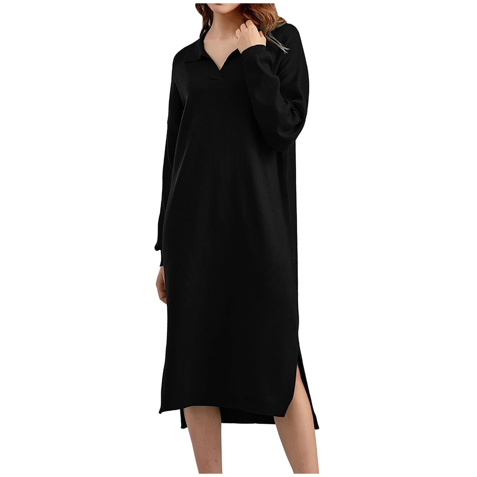 QIZATAH Women's Long Sleeve Knit Sweater Dress - Mini Bodycon Style With Slit - View #2