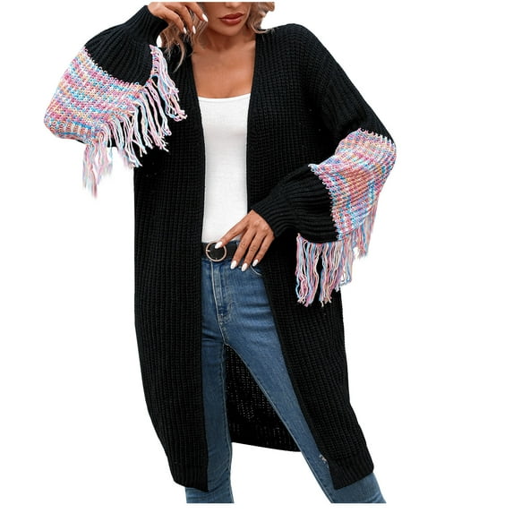 QUYUON Long Sweater Cardigan Women Clearance Long Sleeve Long Cardigan Sweaters for Women Polyester Trendy Cardigans Cardigan Jacket Style Q-9329 Fall Cardigan Sweater Outerwear Coat Black S