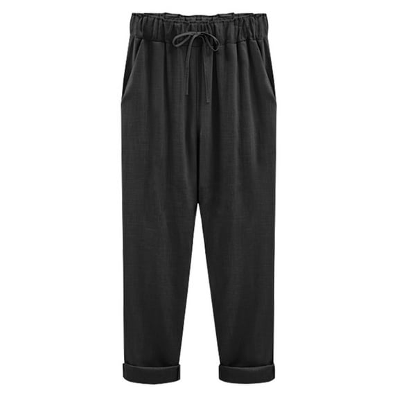 QUYUON Loose Pants for Women Summer Deals Ladies Fashion Summer Solid Color High Waist Loose Casual Cotton Linen Cropped Pants Comfy Pants Women Full Length Pant Leg Loungewear Style P5675 Black 4XL