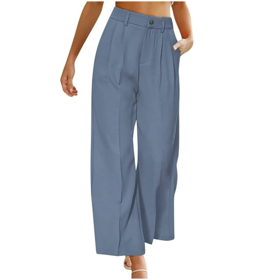 QUYUON Lounge Pants Discount Fashion Summer Casual Loose Pocket Solid Button Zipper Trousers Elastic Waist Pants Baseball Pants Long Pant Leg Length Casual Style P774 Blue M