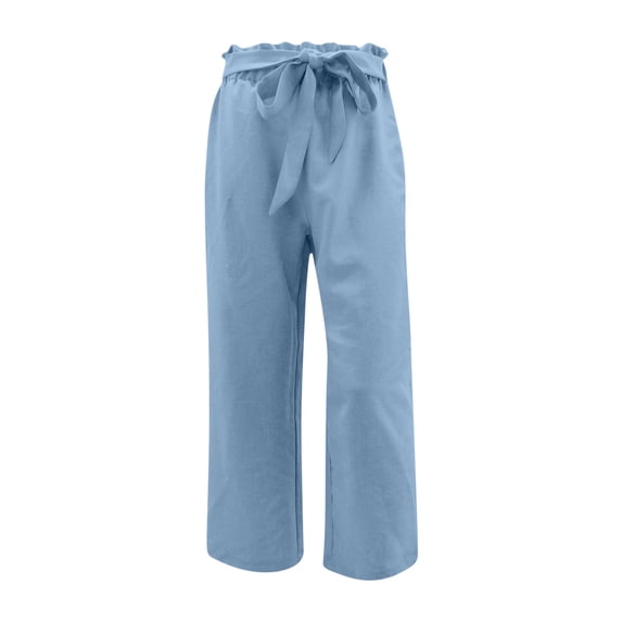 QUYUON Lounge Pants Women Discount Casual Solid Cotton Linen Drawstring Elastic Waist Long Wide Leg Pants Pajama Pants Women Long Pant Leg Length Dressy Style P8718 Light Blue XXL