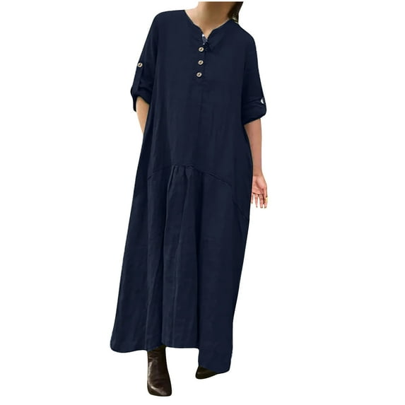 QUYUON Maxi Dress for Women Cotton Linen Dresses Summer Rolled 3/4 Sleeve V-Neck Button up Long Dresses Pleated A-Line Casual Loose Blouse Shirt Dress Beach Sundress Style D-3807 Navy XXL