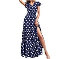 thumbnail image 1 of QUYUON Maxi Dresses for Women 2023 Fashion Summer Women's V-neck Short Sleeve Polka Dot Printed Elastic Waist High Split Ruffle Hem Long Dress A-Line Flowy Dress Beach Sundress Style D-7889 Blue XL, 1 of 7