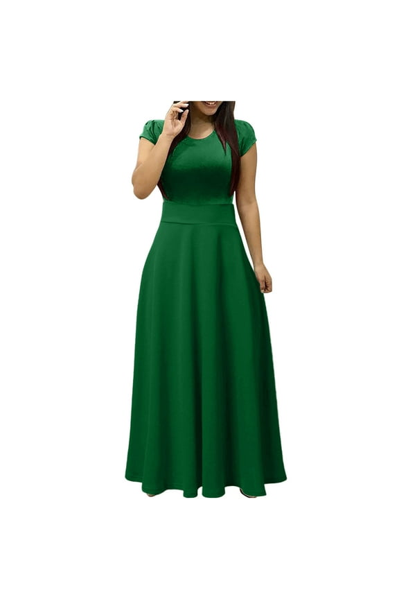 Maxi Dresses for Women 2023 Summer Short Sleeve Crew Neck T-Shirt Dress Solid Color Evening Party Cocktail Long Dresses Pleated A-Line Wedding Guest Dresses Beach Sundress Green Large