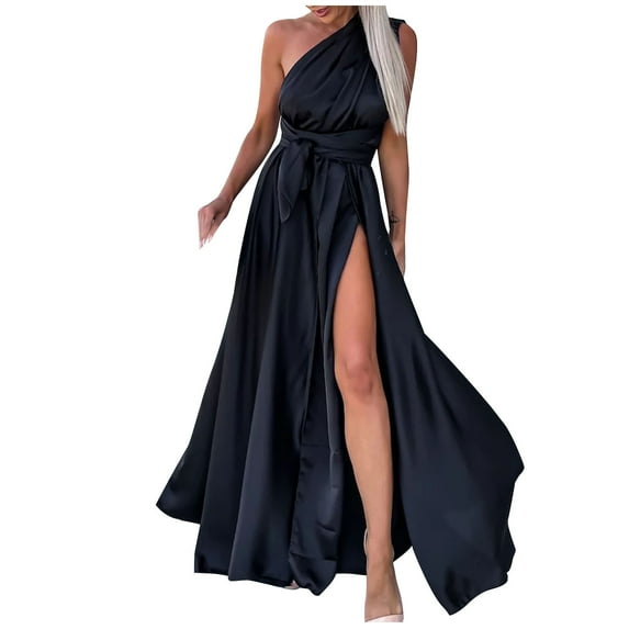 QUYUON Maxi Dresses for Women 2023 Wedding Guest Dress Summer Casual Cross Back Tie Knot Sleeveless High Split Cocktail Dresses Pleated A-Line Evening Party Long Dress Style D-7558 Black M