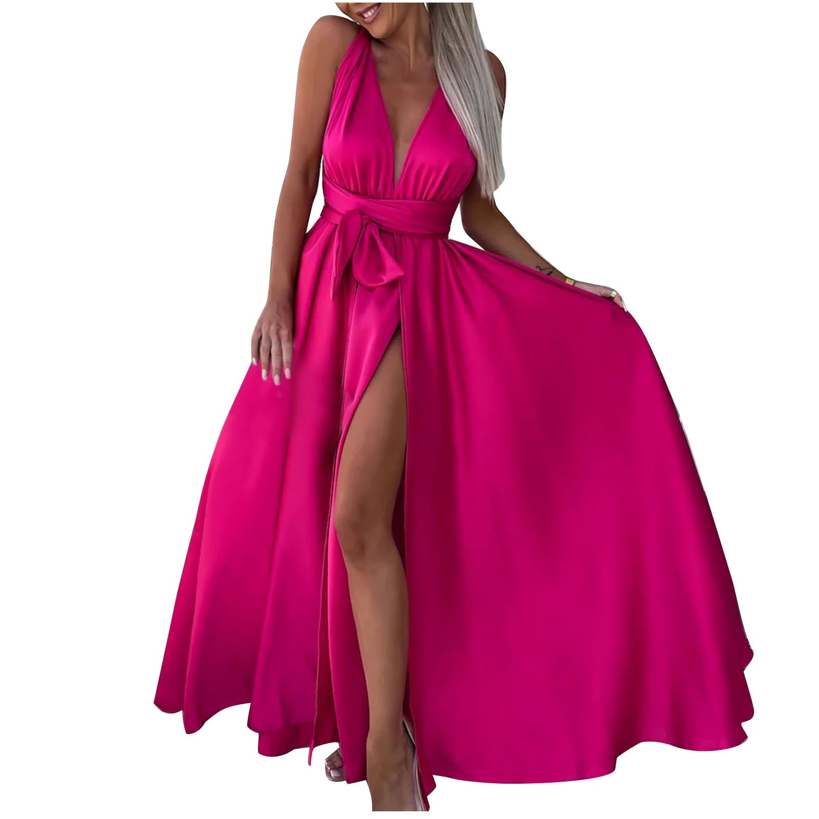 QUYUON Maxi Dresses for Women 2023 Wedding Guest Dress Summer Casual Cross  Back Tie Knot Sleeveless High Split Cocktail Dresses Pleated A-Line Evening  Party Long Dress Style D-7565 Hot Pink S -