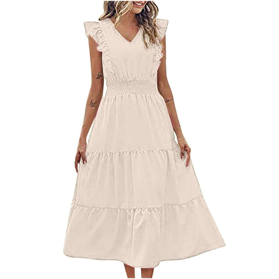 QUYUON Midi Dresses for Women 2023 Summer V Neck Sleeveless Tank Dress Elastic Waist Ruffle Tiered A-Line Boho Beach Sundress Casual Loose Evening Party Cocktail Dresses Beige XL