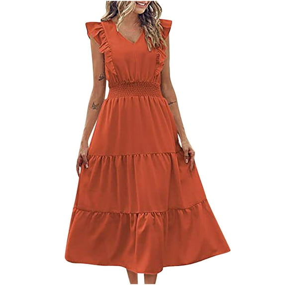 QUYUON Midi Dresses for Women 2023 Summer V Neck Sleeveless Tank Dress Elastic Waist Ruffle Tiered A-Line Boho Beach Sundress Casual Loose Evening Party Cocktail Dresses Orange S