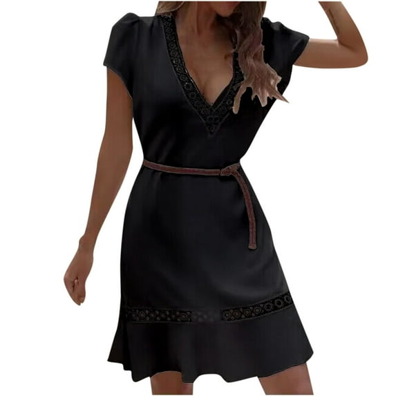 QUYUON Midi Dresses for Women Casual Summer Hollow Out V-Neck Short Sleeve Belted Dress Solid Color Pleated A-Line Wedding Guest Evening Party Mid-Length Dress Style D-1780 Black XXL