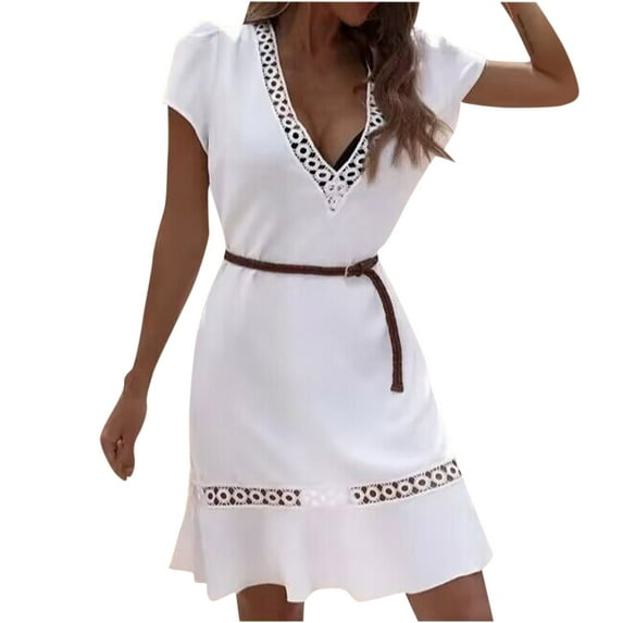 QUYUON Midi Dresses for Women Casual Summer Hollow Out V-Neck Short Sleeve Belted Dress Solid Color Pleated A-Line Wedding Guest Evening Party Mid-Length Dress Style D-1782 White M