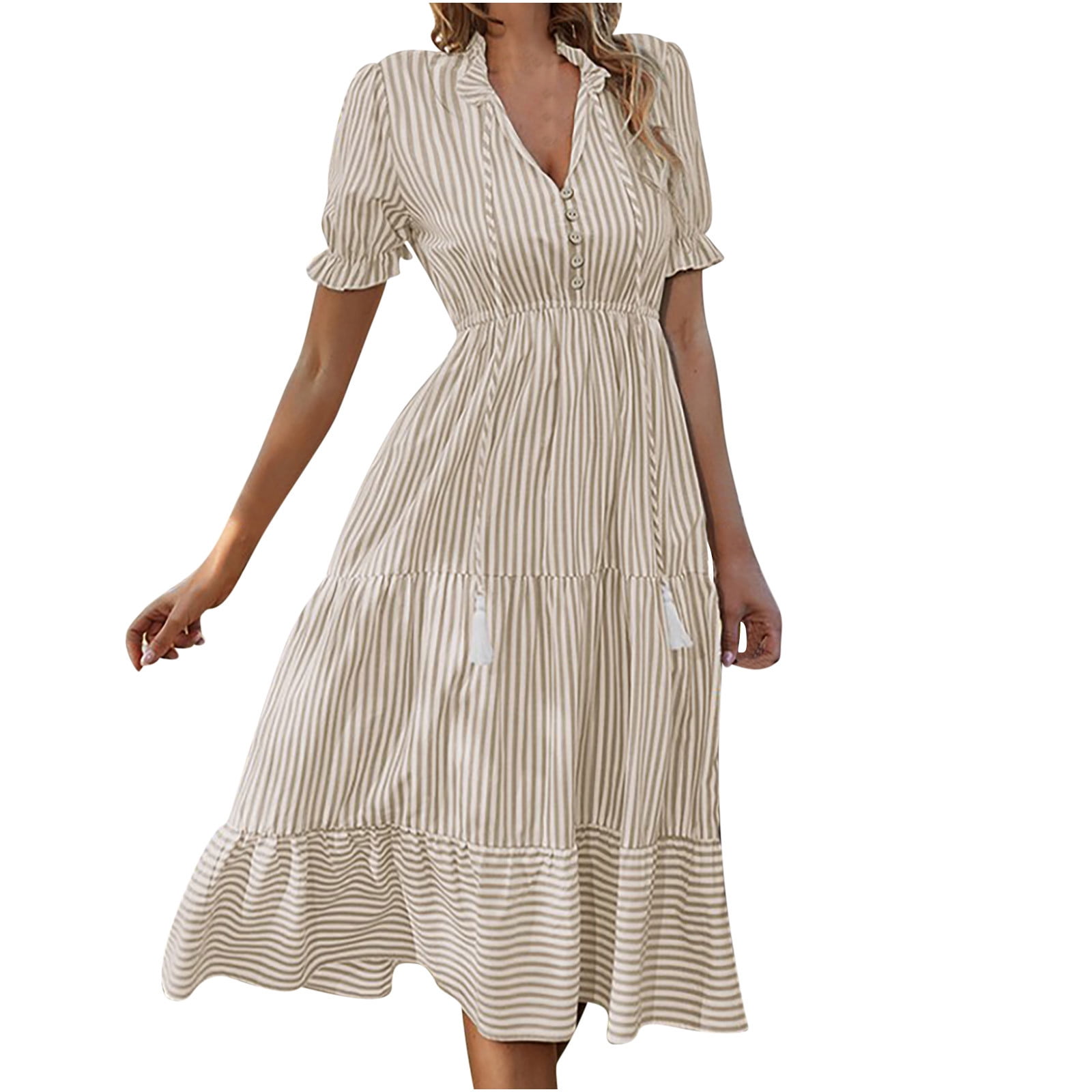 QUYUON Linen Dress for Women Summer Belted Midi Dress Ladies