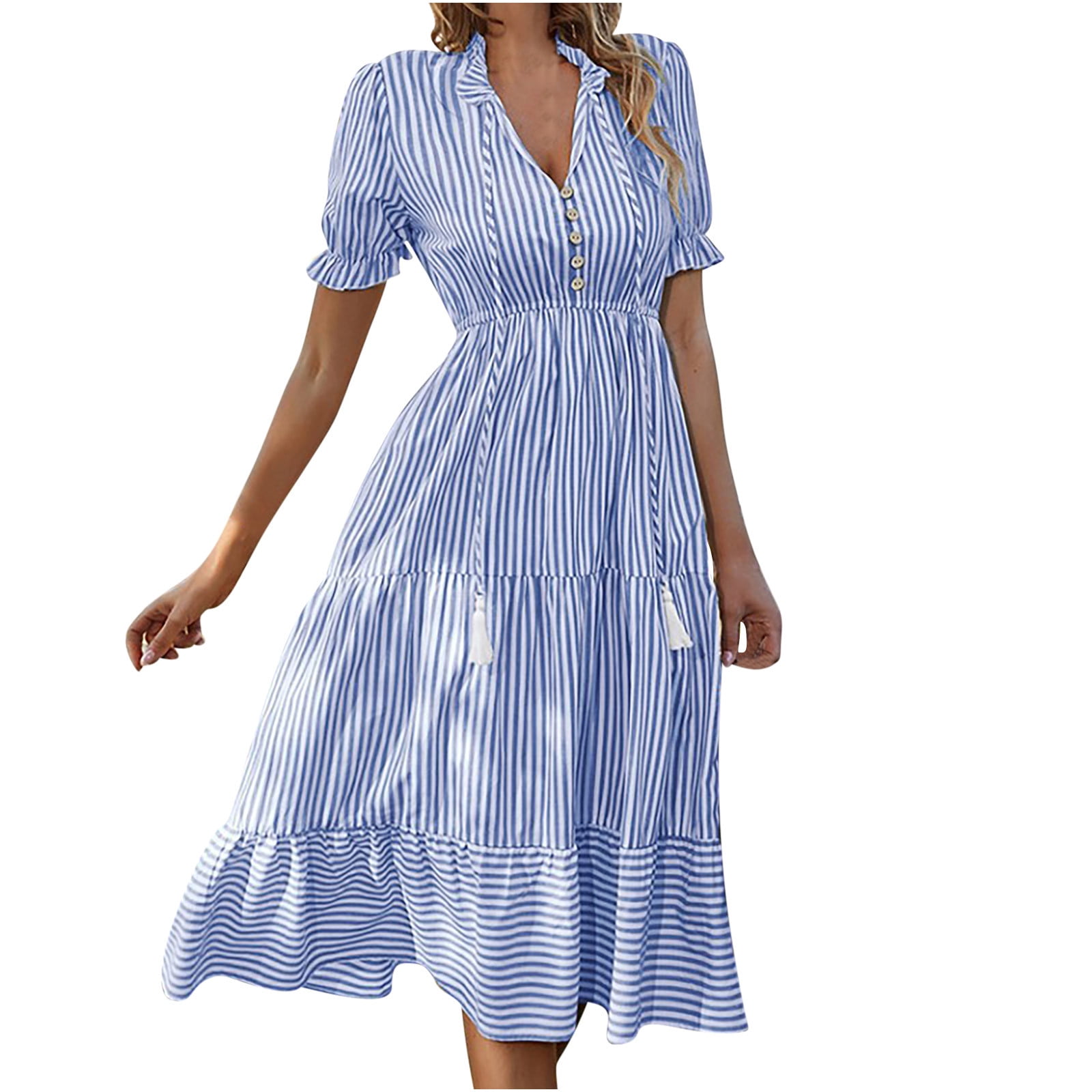 QUYUON Midi Dresses for Women Striped Print Ruffle Trim