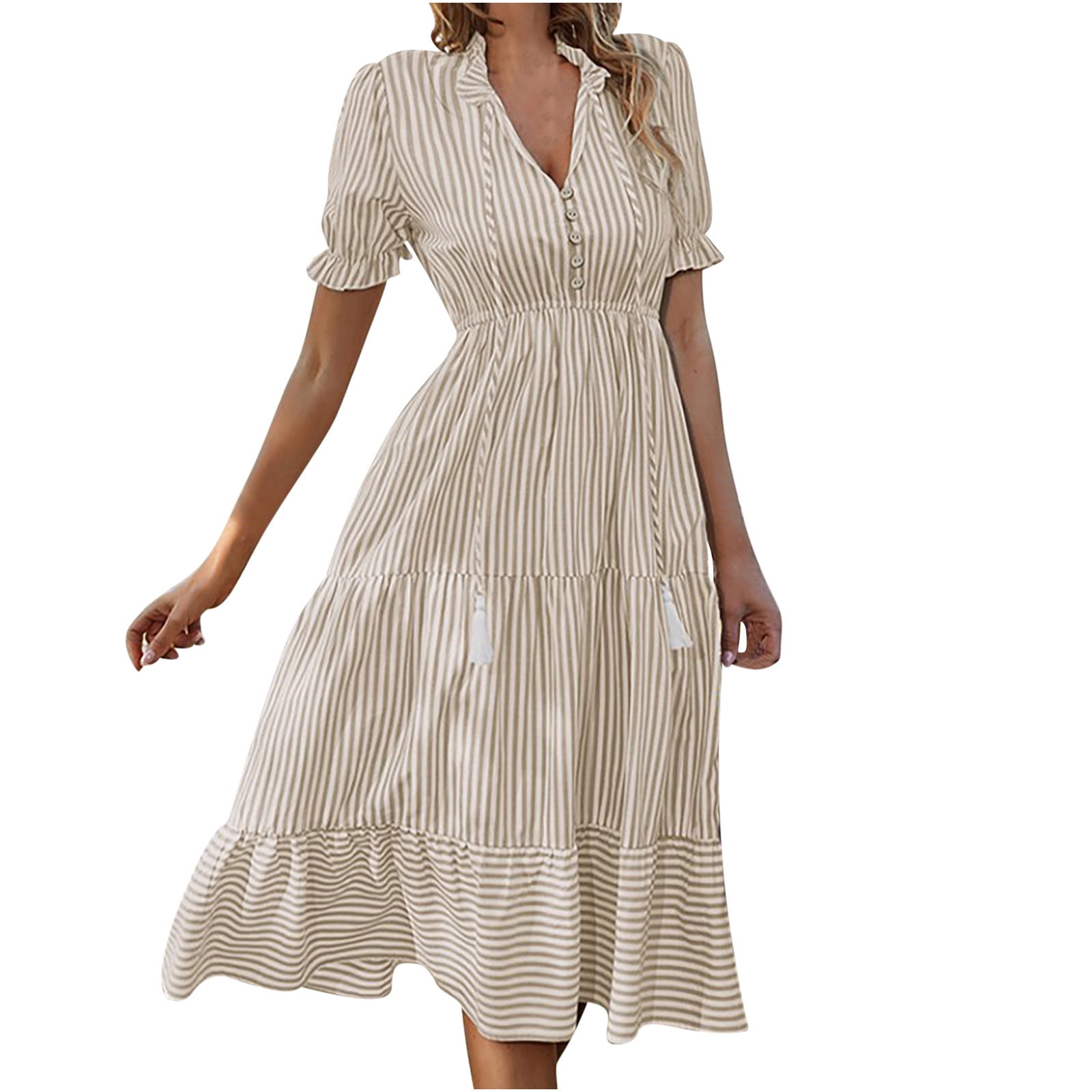 ワンピース Tie pleated shirt dress stripes QUYUON Midi Dresses for Women Striped Print Ruffle Trim