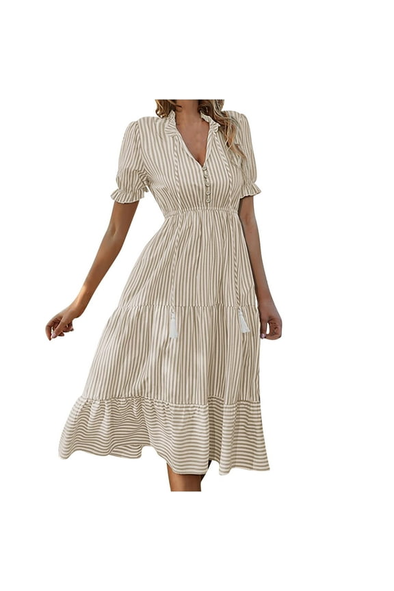 Midi Dresses for Women Striped Print Ruffle Trim Button Front Dress Drawstring Tie Knot V-Neck Short Sleeve Pleated A-Line Flowy Long Dress Beach Sundress Style D-3583 Khaki XL